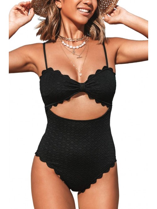 Women's One Piece Swimsuit Sexy Black Cutout Scall...