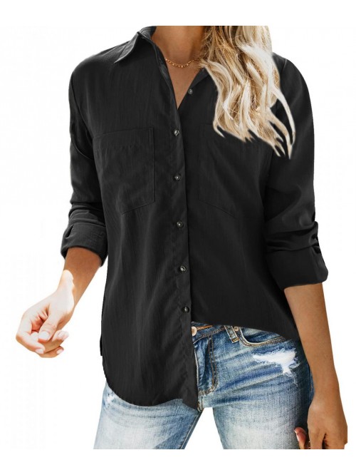 Womens Casual Button Down Shirts Roll Up Long Slee...