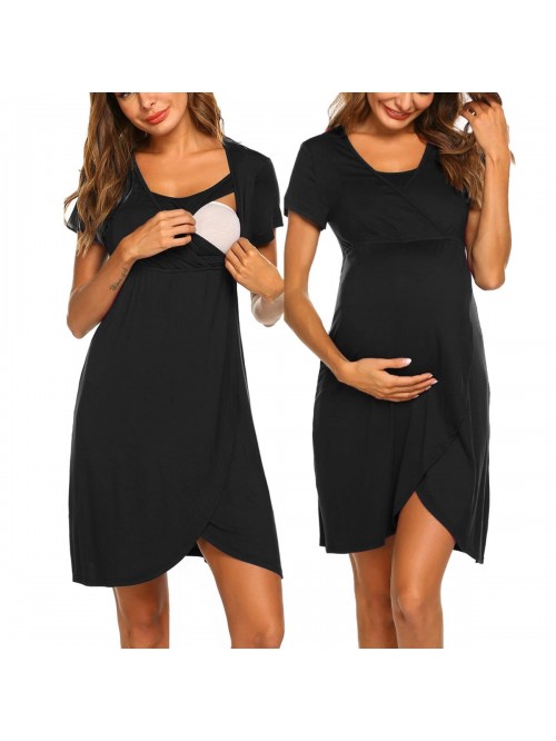 Maternity Nightgown Short Sleeve Nursing Dress Bre...