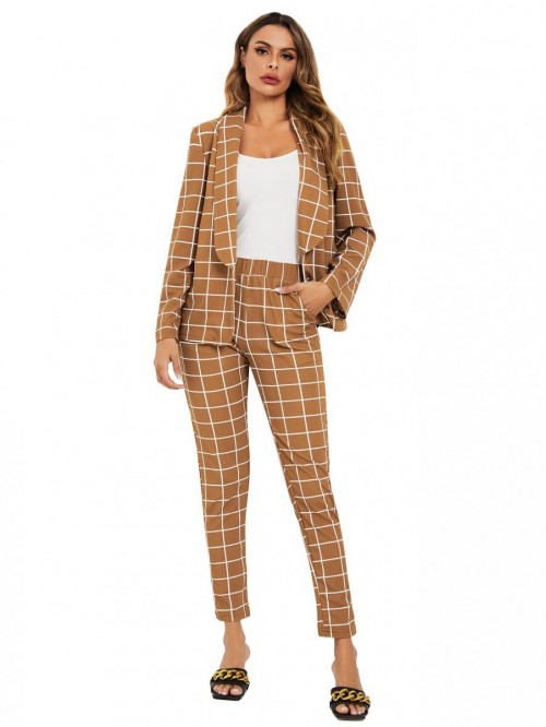 Women's Two Piece Plaid Open Front Long Sleeve Bla...